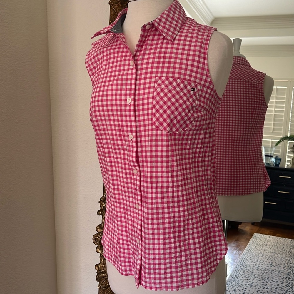 Tommy Hilfiger Pink & White Gingham Button-Up with Collar/Pocket Blouse Size M